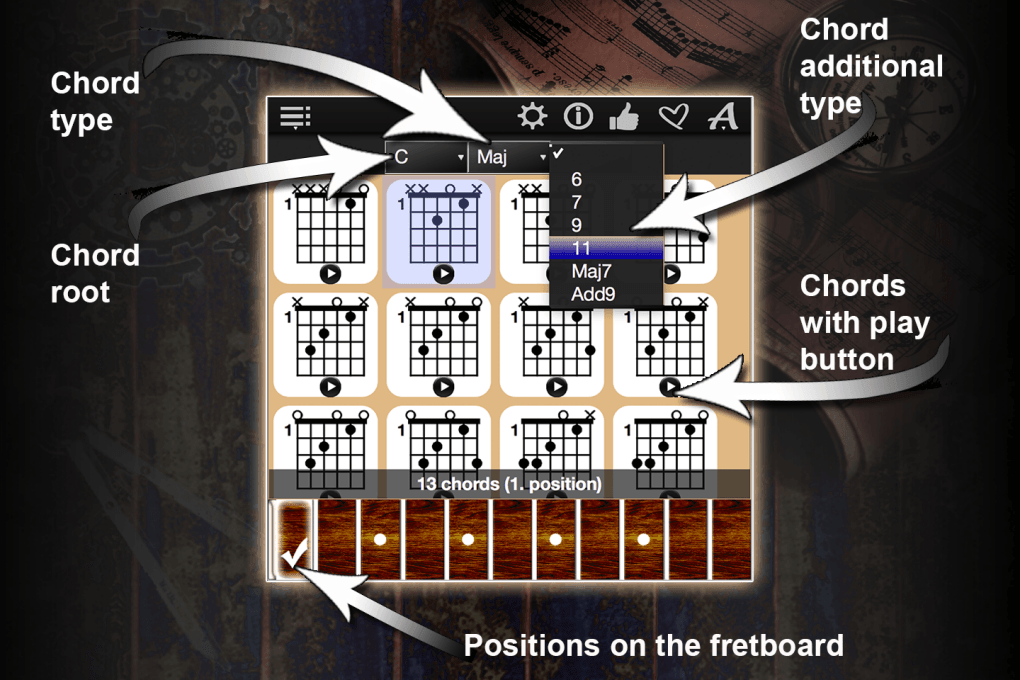 Chord type, Chord root, Chord additional type, Chords with play button, Positions on the fretboard, Chord type, Chord root, Chord additional type, Chords with play button, Positions on the fretboard,