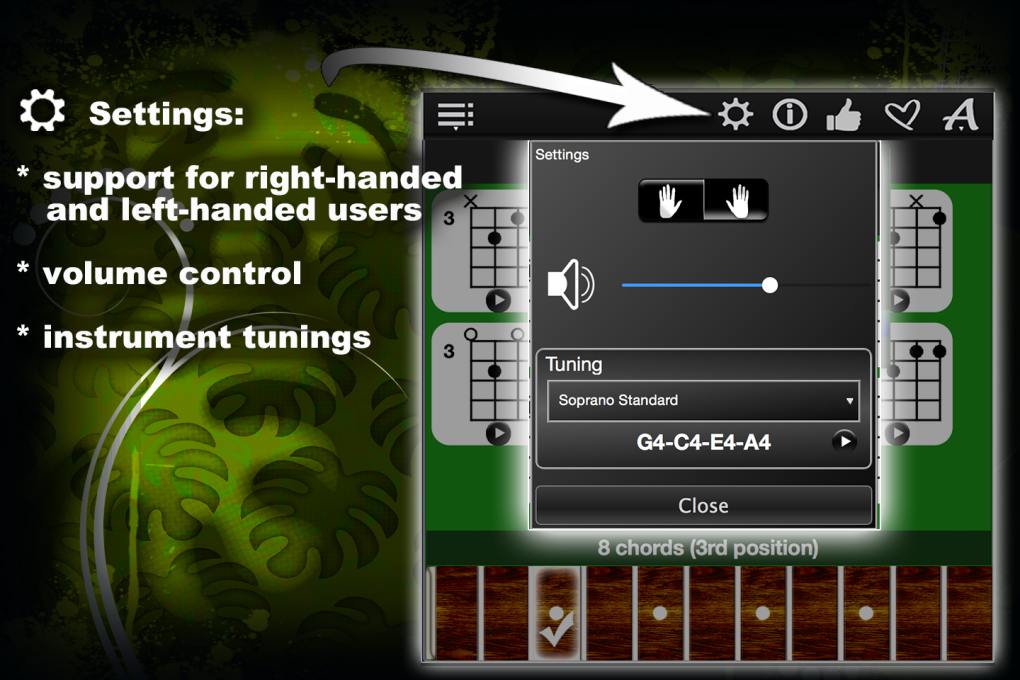 Settings: * support for right-handed and left-handed users * volume control * instrument tunings Find-the-perfect-ukulele-chords3